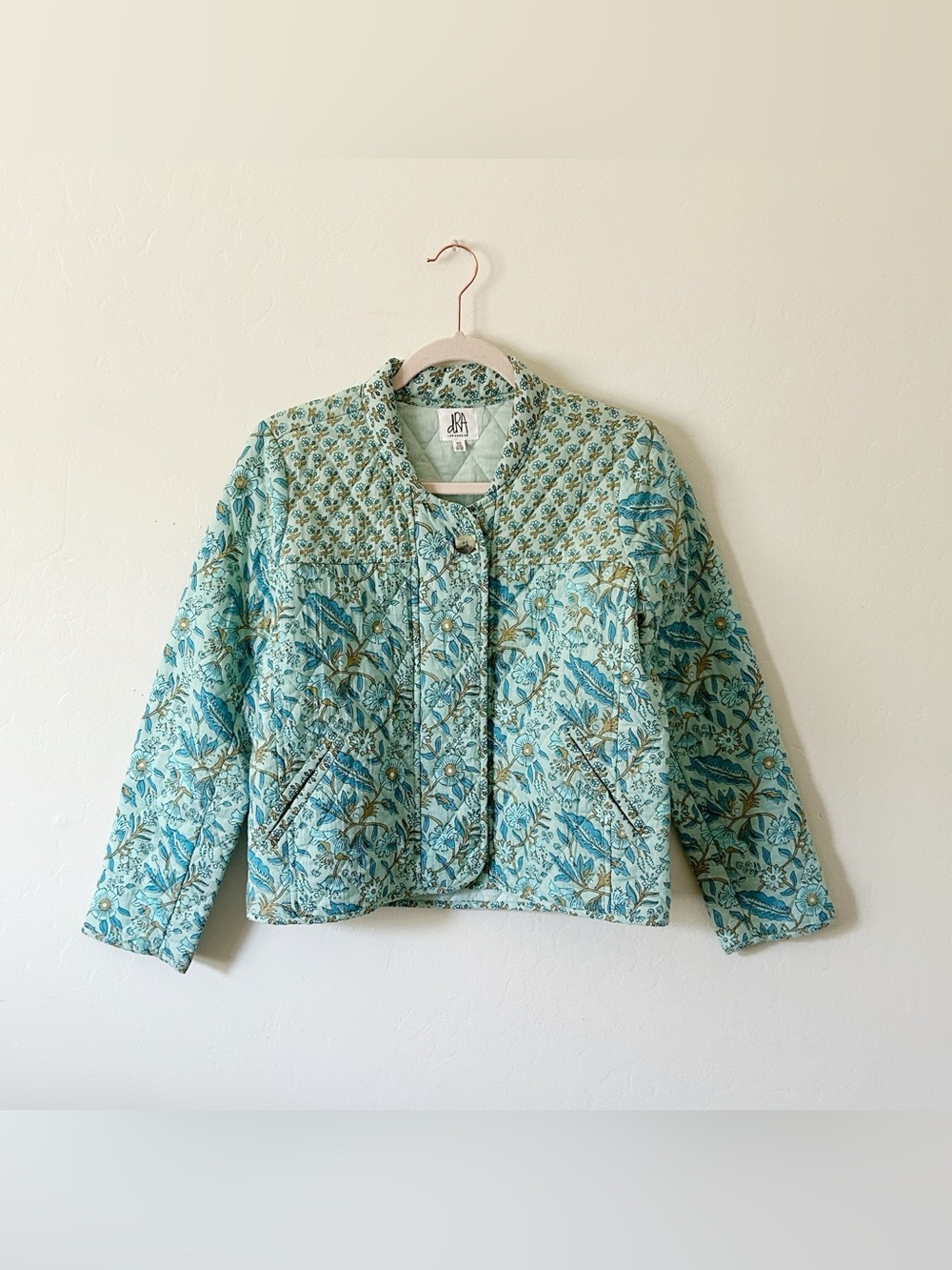 dRa Anthropolgie Quilted Floral Bomber Jacket in Seafoam